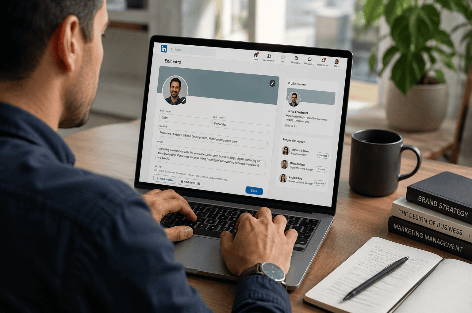 Persona actualizando su perfil de LinkedIn. Imagen creada con IA