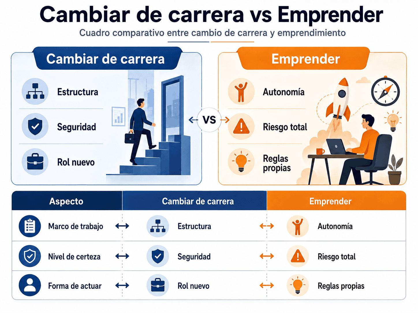 Cuadro comparativo entre cambio de carrera y emprendimiento.