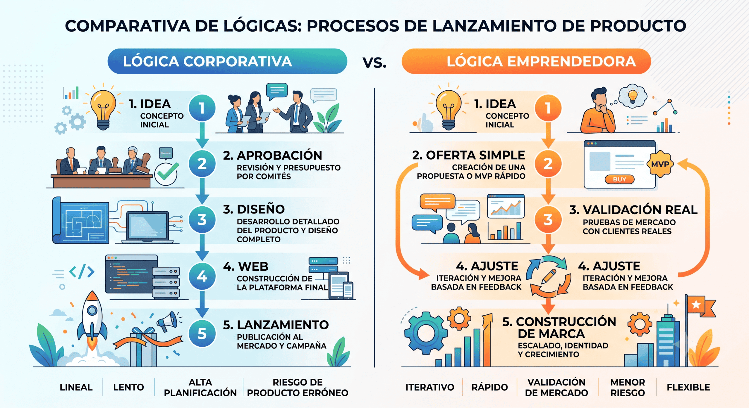 Comparativa entre el proceso de lanzamiento corporativo y la validación ágil para emprendedores
