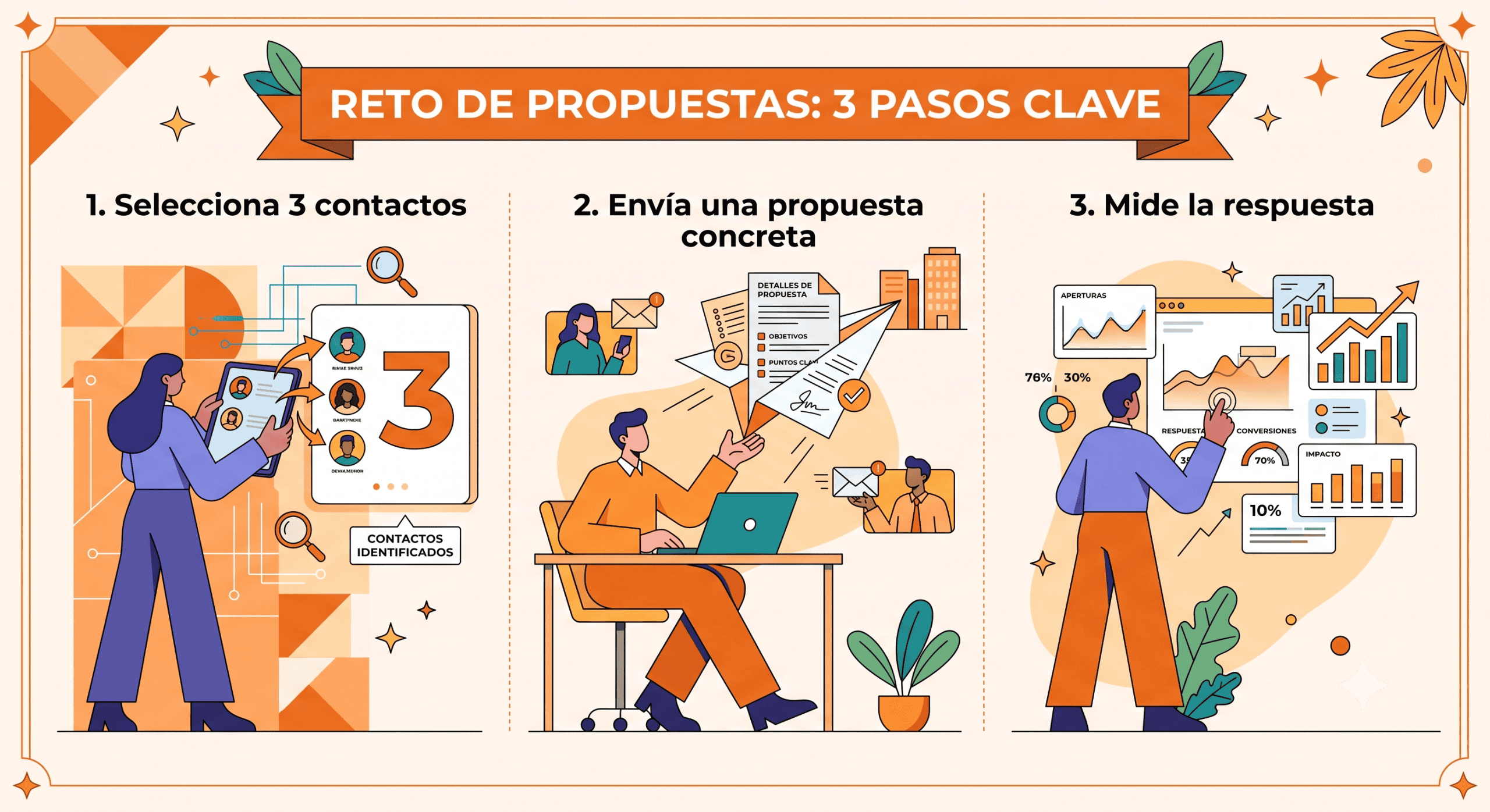 Diagrama con los tres pasos para validar una oferta de mentoría mediante mensajes directos.